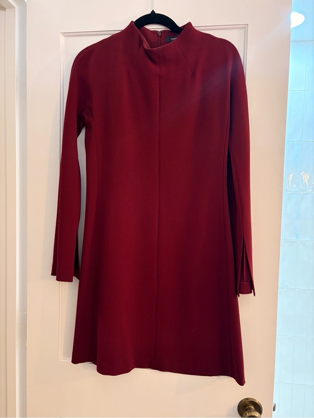 Theory Dolman Shift Dress in Burgundy - Mock Neck, Long Sleeve